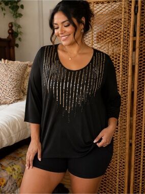 Penningtons Black Embellished Top| Plus Size 3X Glam Sequin Detail Blouse